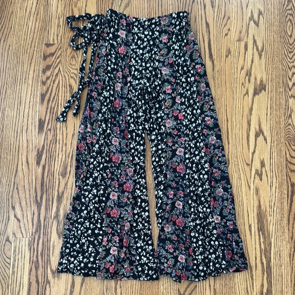 Angie Black and Cream Wide Leg Pants with Floral Design
